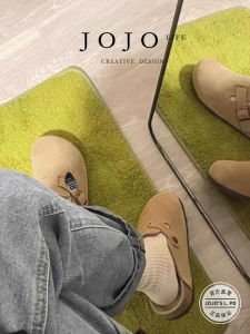 Gigi Furry Slip-On Slippers Flat Bottom Fishing Head Womens Shoes Casual Daily Wear Leather Upgraded Rubber Sole