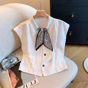LJYR | French Elegant V-Neck Scarf Sleeveless Shirt Stylish Loose Slimming Summer Womens Casual Blouse