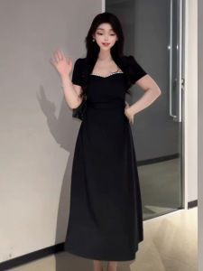 ชุดเดรสยาวทรงเอเอวสูงแขนสั้นคอเหลี่ยมสีพื้นสำหรับผู้หญิงไซส์ใหญ่ ชุดทำงานฤดูใบไม้ผลิและฤดูร้อน