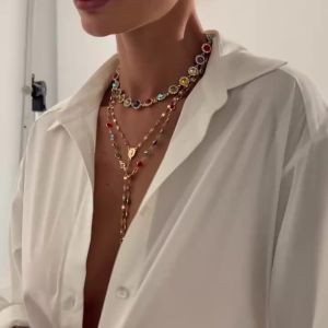 KunJoe 3Pcs Exquisite Colorful Rhinestone Chain Necklace for Women Hip Hop Y-shaped Cross Long Pendant Necklace Wedding Jewelry