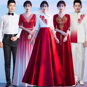 ชุดการแสดงสำหรับผู้หญิง ชุดยาวสีแดง ชุดการแสดงบนเวที ชุดรำพวง ชุดราตรี ชุดเดรสยาวสไตล์เกาหลี ชุดราตรี ชุดทำงาน