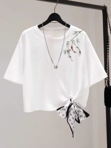 plus Size Traditional Chinese Style Short Sleeve T-Shirt Summer New Fashion Shoulder Length Half Sleeve Womens Top Cotton Blend Elastic Fabric