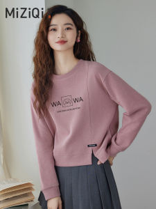 Short round Neck Sweatshirt Womens Spring Autumn Style Korean Version Small Size Overhead Top Cotton Polyester Blend Comfortable Fit