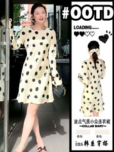 French Elegant Satin Polka Dot Dress Womens Slimming Short Skirt Spring Summer Fashion Casual round Neck Long Sleeve Dresses