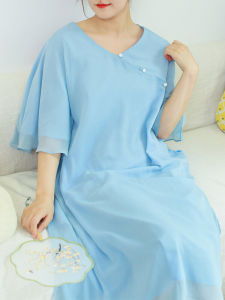 Elegant Blue Oversized Fairy Skirt New Summer plus Size Chinese Style Drifting Long Dress Womens Fashion V-neck Short Sleeve