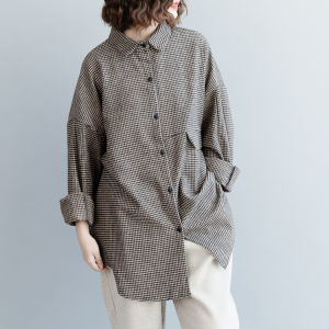 Qinghou Boyfriend Style Brown Thin Woolen Small Gingham Thick Spring & Fall Extended Plus Size Loose Lapels Shirt