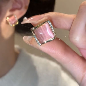Pink Cubic Cats Eye Diamond Shaped Earrings Minimalist Korean Style Alloy with Gold-Plated Artificial Gems for Women