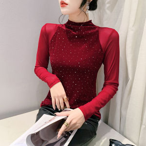 Áo thun phối cảnh áo thun kim cương nổi bật ngôi sao bầu trời thời trang mới nửa cổ cao mùa xuân Áo Thun áo đỏ lưới độc đáo và gợi cảm tay áo dài mùa xuân