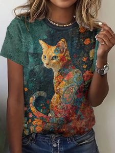 Womens Tee - Floral Pattern Cat Graphic Artistic Quilted Animal Design for Casual Daily Wear