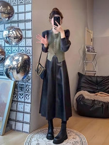 XUECAIQI | Gradient Color Knit and Leather Outfit Set Women