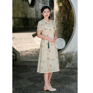 New Chinese Style Cotton Linen Printed Dress Womens Improved Cheongsam Skirt Short Sleeve mid Length Summer Vintage Elegant