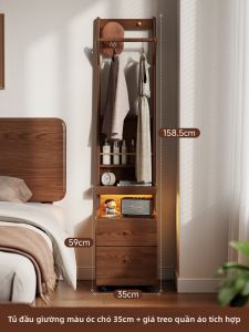 DONGMU | Tủ Đầu Giường Phong Cách Cổ Điển Kết Hợp Giá Treo Áo và Kệ Lưu Trữ Di Động Gỗ