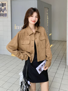 Kaki Color Korean Style Short Suede Jacket Womens Fashionable Autumn New Arrival Pocket Design Slim Fit Ladies Coat