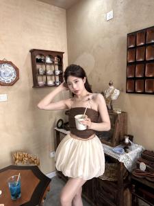 Váy Ngắn Chữ a Cạp Cao Họa Tiết Hoa Màu Đào Cho Nữ Mùa Hè Phong Cách Pháp Cổ Điển Ngọt Ngào Váy Ngắn Ballet Chống Ánh Sáng