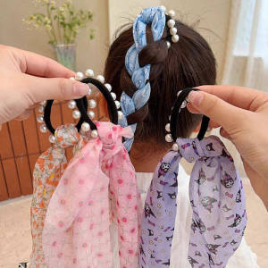 C.three Children Sanrio Pearl Hair Rope Girls Hair Rope Braided Hair Ribbon Rubber Band
