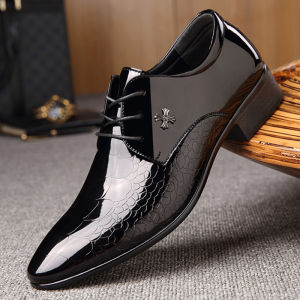 Business Formal Pointed Toe Mens Shoes Casual Suit Graduation Bright Leather Large Size Shoes Waterproof Lace-Up Business Casual Shoes