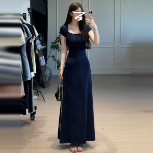 SENWA | Elegant Waist Slimming Blue Square Neck Long Dress