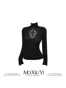 เสื้อถักคอสูงแบบโปร่งบางๆ ทรงเข้ารูปสไตล์โกธิกสีดำ MoXi เสื้อชั้นในฤดูใบไม้ร่วงสำหรับผู้หญิงไซส์ใหญ่