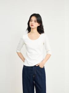 Prefree Floating Record Simple Versatile Skin-friendly Slimming Large U-neck Seven-quarter Sleeve T-shirt Casual Style Spring Cotton Polyester Blend