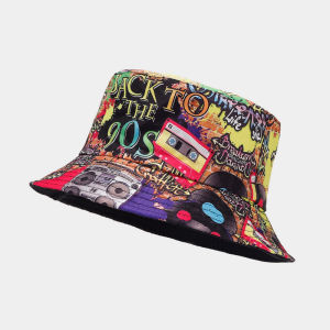 Summer Vintage 80 90 Party Graffiti Bucket Hat Men Women Reversible Panama European American Classics Bob Fishing Beach Sun Hat
