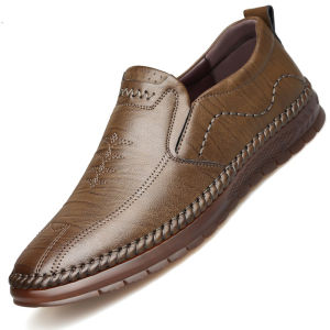 Mens Casual Business Shoes Soft Cowhide Fleece Lined Bean Bean Dad Shoes Spring Autumn round Toe Low Heel TPR Outsole