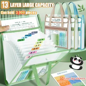 FUN POINT 13-Layer Portable Handle Folder Long File Organizer Expanding A4 File Folder Portable File Bag