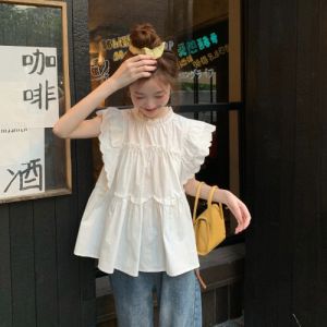 French Lace Trimmed Fly Sleeve Stand Collar Shirt Women Summer Elegant Sweet Doll Top Loose Charming Sleeveless Upper Apparel