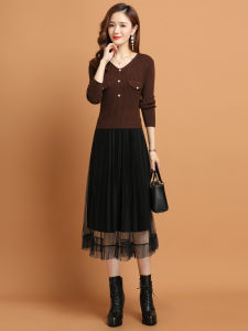 Elegant Knitted Base Layer Dress Womens Autumn Winter High Waist A-Line Skirt Long Sleeve V-Neck Midi Dress Korean Style