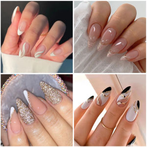 24pcs/set Almond Shaped Fake Nails with Glue French Striped Fake Nail Water Droplet Type Pseudo Nail