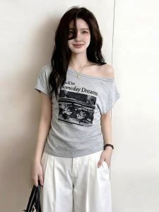 AIYITI | Printed Off-shoulder Short Sleeve Large Size Slimming T-Shirt