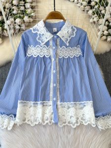 Áo Sơ Mi Nữ Dáng Rộng Kiểu Pháp Thêu Ren Cổ Bẻ Nhỏ Họa Tiết Sọc Tay Dài Chống Tia UV Mùa Thu 2024 Chất Liệu Khác