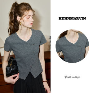 KUHNMARVIN | Áo Thun Tay Ngắn Ôm Body Cổ V Không Đều Mới Hè