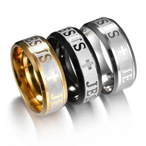 [A D]Stainless Steel Black Color Jesus Cross Letter Bible Prayer Finger Rings For Men 8mm Amulet Jewelry