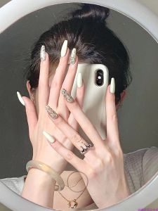 Handmade Nail Art Wearable False Nails Sparkling Diamond Milk White Finish New 2024 Beauty Tools from China Basic Packaging