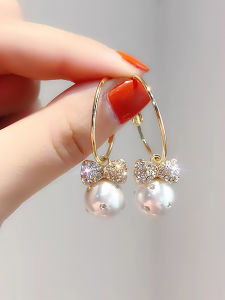 Elegant Pearl Butterfly Knot Drop Earrings Diamond Embedded Feminine Sweet Fashion High-End Feelings Small Perfume French Style
