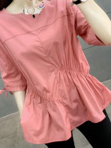 Counter Brand Label Cutting Original Order Pure Cotton Slimming Middle Sleeve Shirt Womens Summer Loose Drawstring Asymmetrical Waist-Controlled Top Fashion