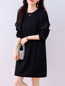 Elegant Black Long Sleeve Midi Dress Womens Fashion Spring Autumn Winter Slimming High Waist Korean Style Commute Dress