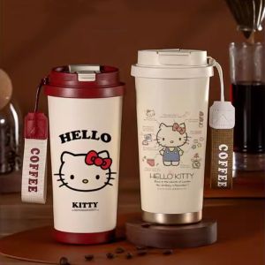 Kitty Cat Cartoon Insulated Stainless Steel Coffee Cup Small Cute Portable Water Bottle for Women 530ml Thermal Cup with Straw