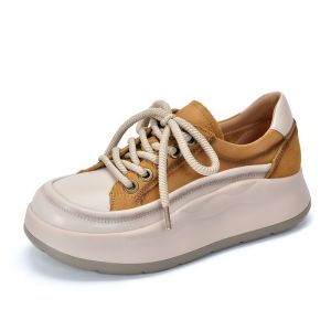 รองเท้าผ้าใบหนาสีแดงสำหรับผู้หญิง รองเท้าผ้าใบลำลอง รองเท้าผ้าใบหนังวัวแท้ รองเท้าผ้าใบทรงหัวกลม รองเท้าผ้าใบหนาสำหรับฤดูใบไม้ผลิและฤดูร้อน