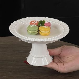 French Ceramic Medieval High Footed Tray Dessert Table Decoration Cake Dessert Plate Relief Lace Edge Premium Feeling Snack Plate