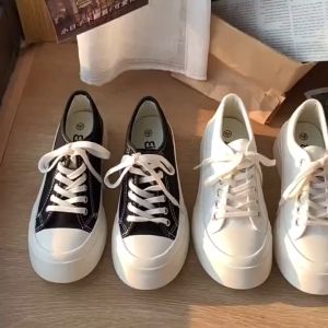 Giày thể thao nữ đế mềm màu trơn phong cách Hàn Quốc giày vải thông thường đế dày mũi tròn màu trắng