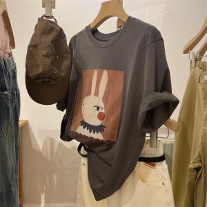 QIANSHUIYIYUN | Rabbit Print Deep Grey Short Sleeve T-Shirt Women