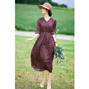 Slimming Loose V-Neck Belly Covering Cotton Linen Dress