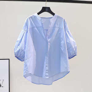 Korean Style Mid-Sleeve Cotton Shirt Womens Clothing Tagless Tailend Batch Loose Fit Button Detail Pure Color Summer Shirt