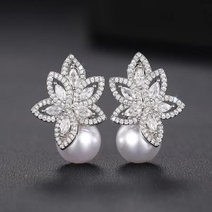 Huitan Sparkling AA Cubic Zirconia Imitation Pearl Drop Earrings Wedding Accessories for Women Aesthetic Flower Earrings Jewelry