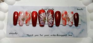 เล็บเจลแท้ สีแดงลูกแก้เพ้นท์ดอกไม้ลายหินอ่อน