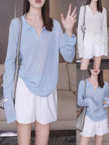 เสื้อยืดคอกลมแขนยาวผ้าไหมน้ำแข็งสำหรับโยคะ สำหรับผู้หญิง ทรงหลวม ระบายอากาศได้ดี ป้องกันแสงแดด ทรงหลวม คอวี ฟิตเนส เสื้อผ้ากีฬา