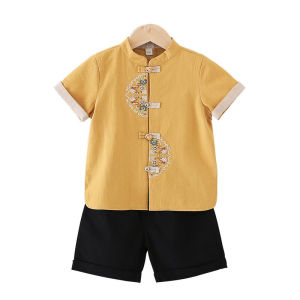 Baby Boys Clothes Summer Tang Suit Uniform Traditional Chinese Clothing for Kids Short Sleeve Hanfu Cotton Linen Set 2 3 4 5 6 8Years