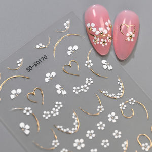 1Pcs 5D Embossed French White Flower Nail Stickers Bronzing Line Heart Self-Adhesive Nails Decal Spring Floral Manicure Sliders