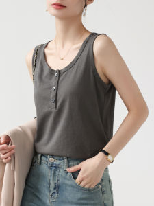 Summer Womens Sleeveless Tank Top Gray Base Layer Loose Fit Inner Wear Button Detail Comfortable Polyester Cotton Blend